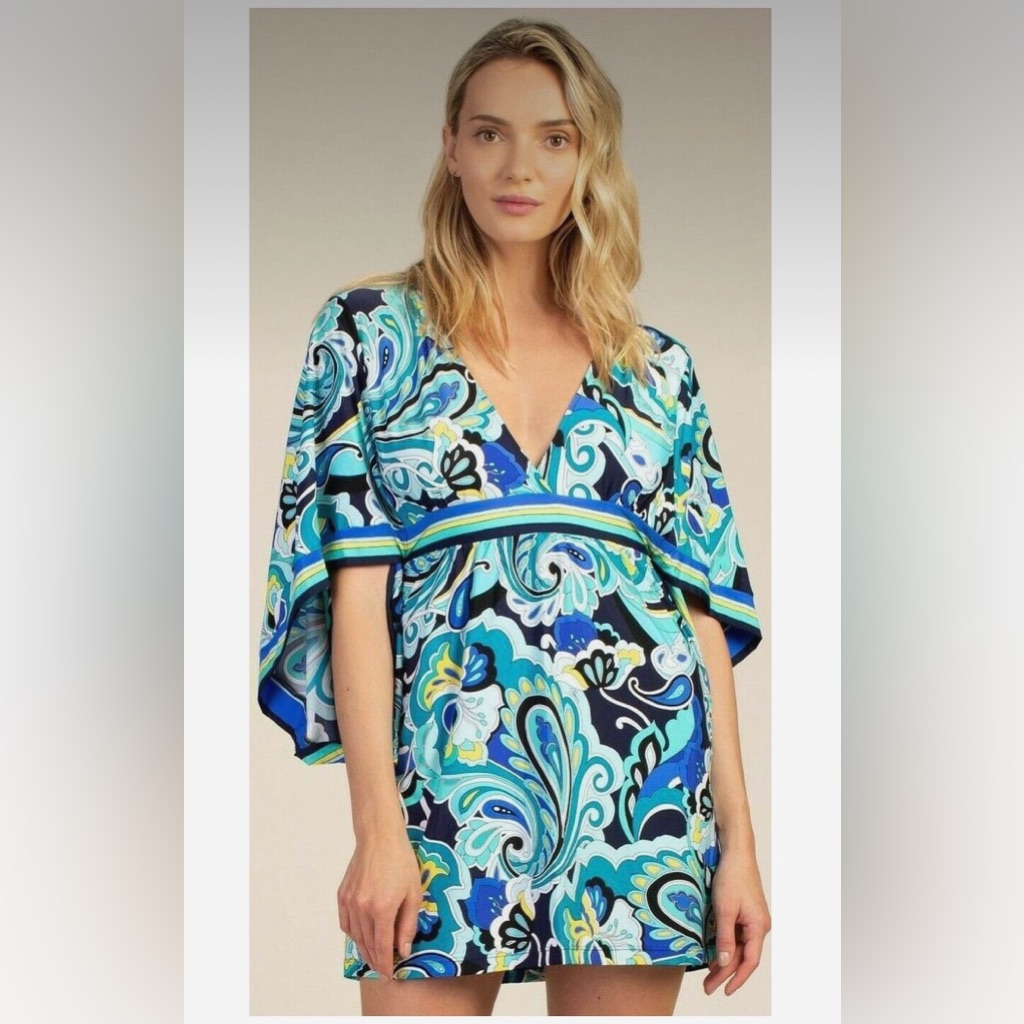 Trina Turk Ipanema Blue Paisley Swimsuit Cover Up Tunic Dress Size Small